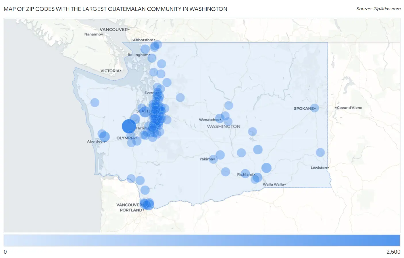 Zip Codes with the Largest Guatemalan Community in Washington Map