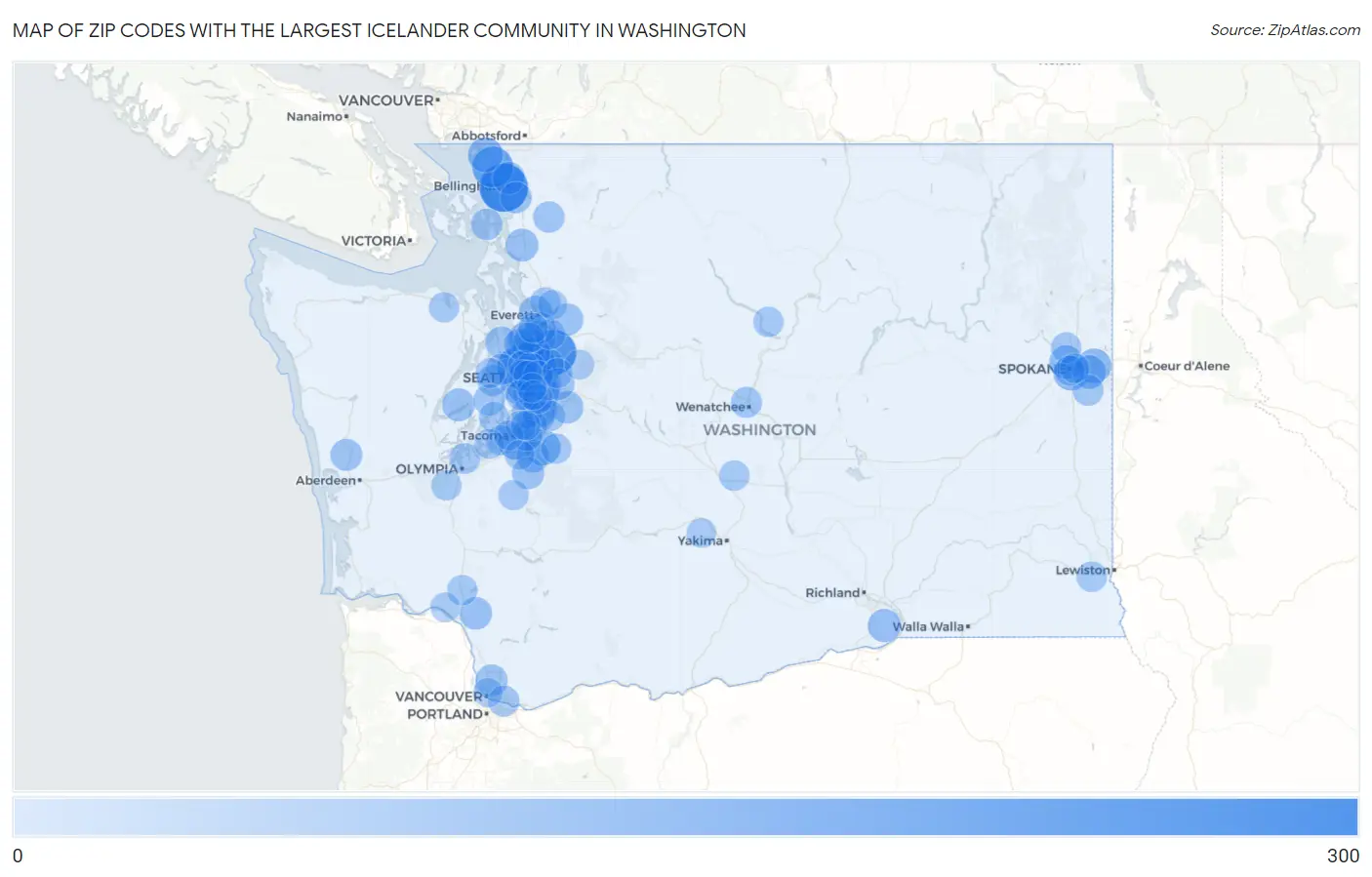 Zip Codes with the Largest Icelander Community in Washington Map