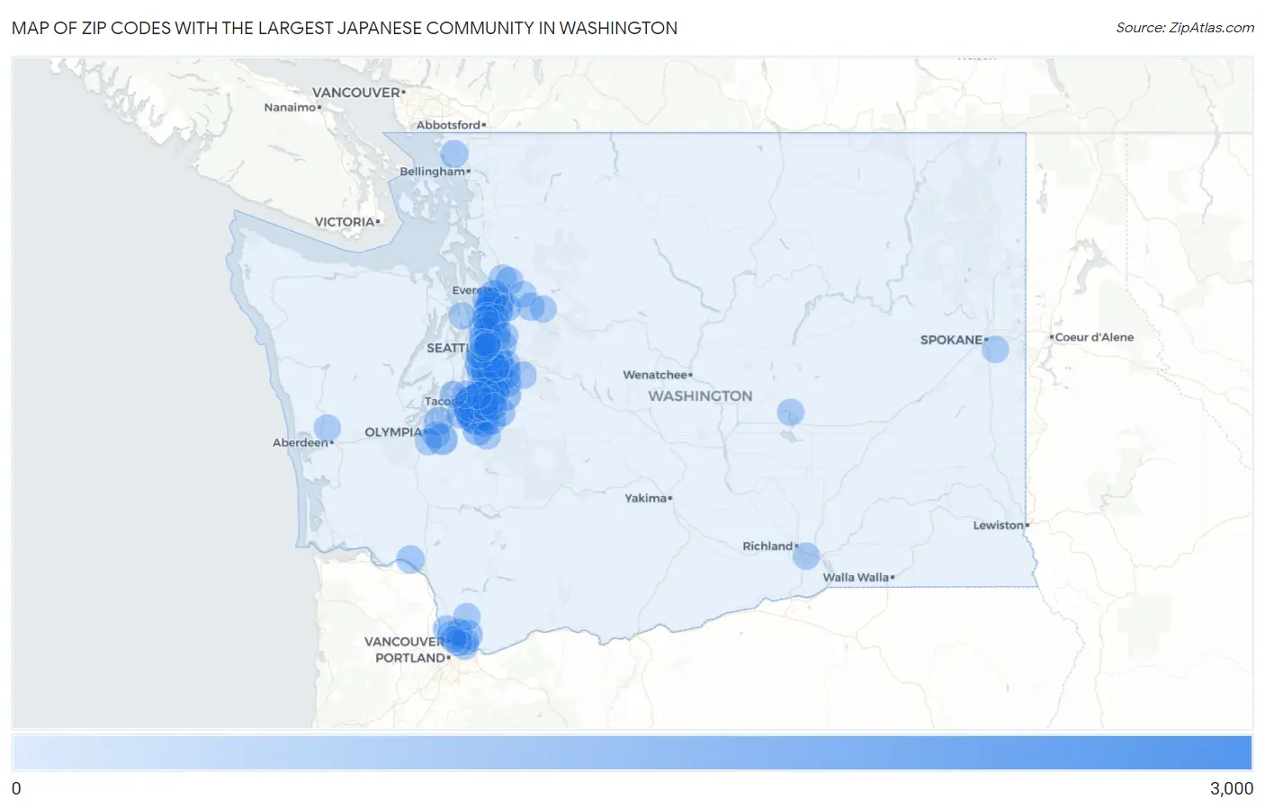 Zip Codes with the Largest Japanese Community in Washington Map