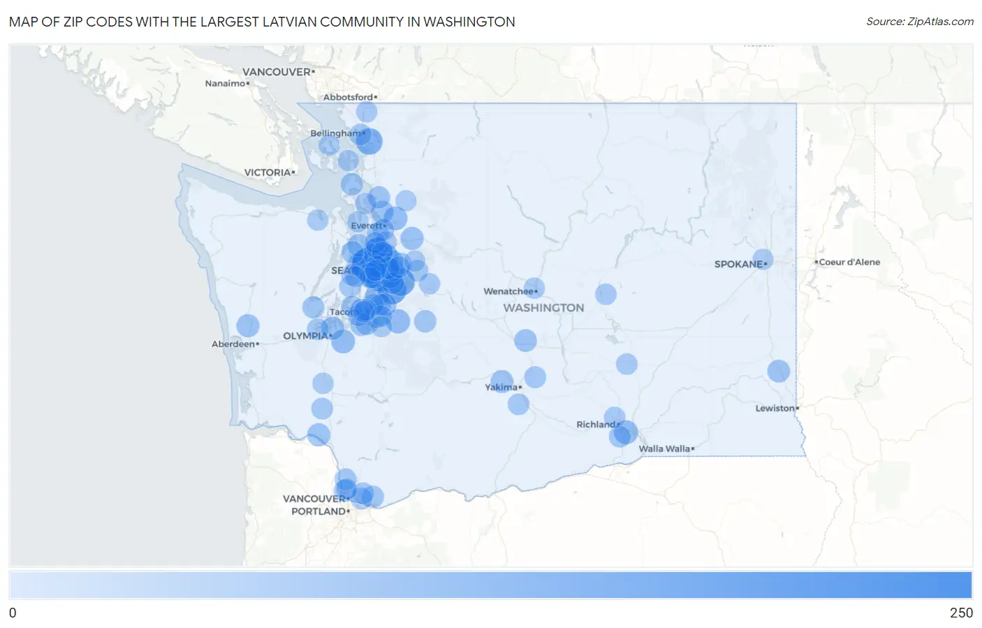 Zip Codes with the Largest Latvian Community in Washington Map