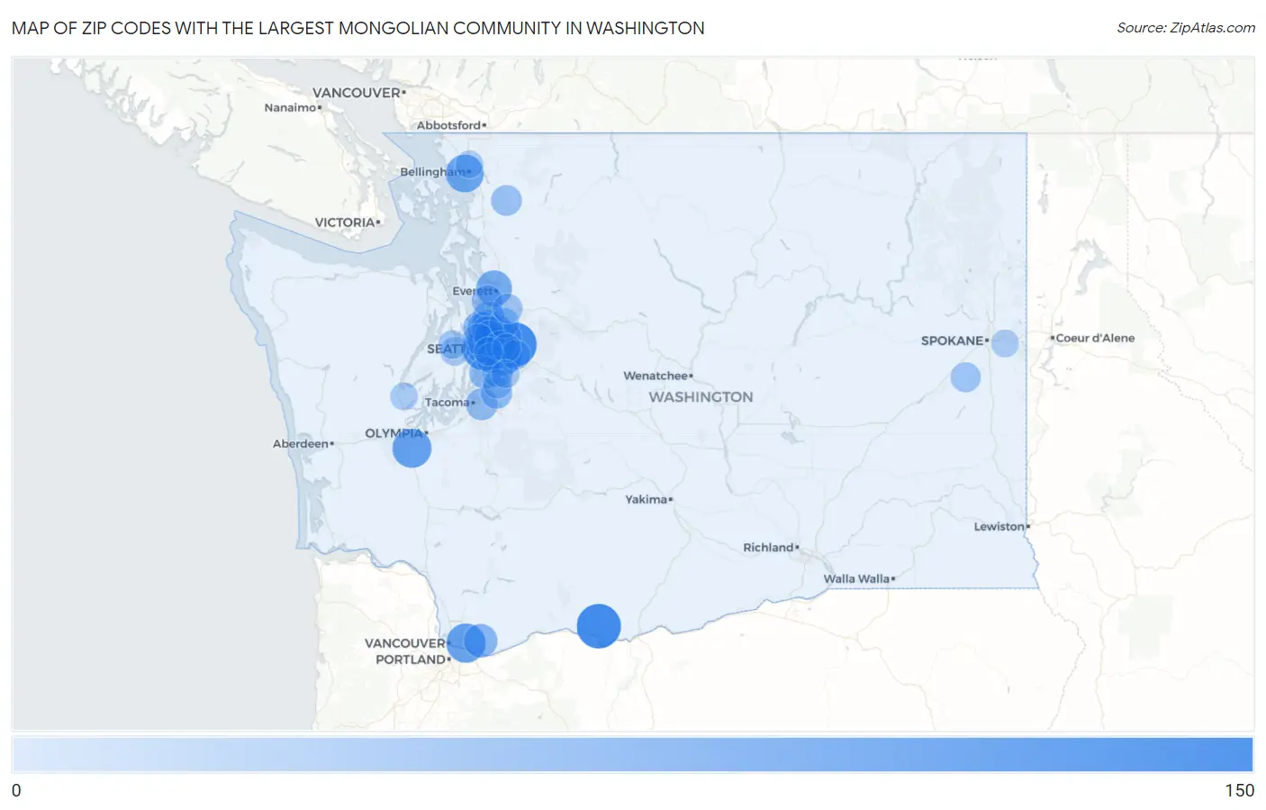 Zip Codes with the Largest Mongolian Community in Washington Map