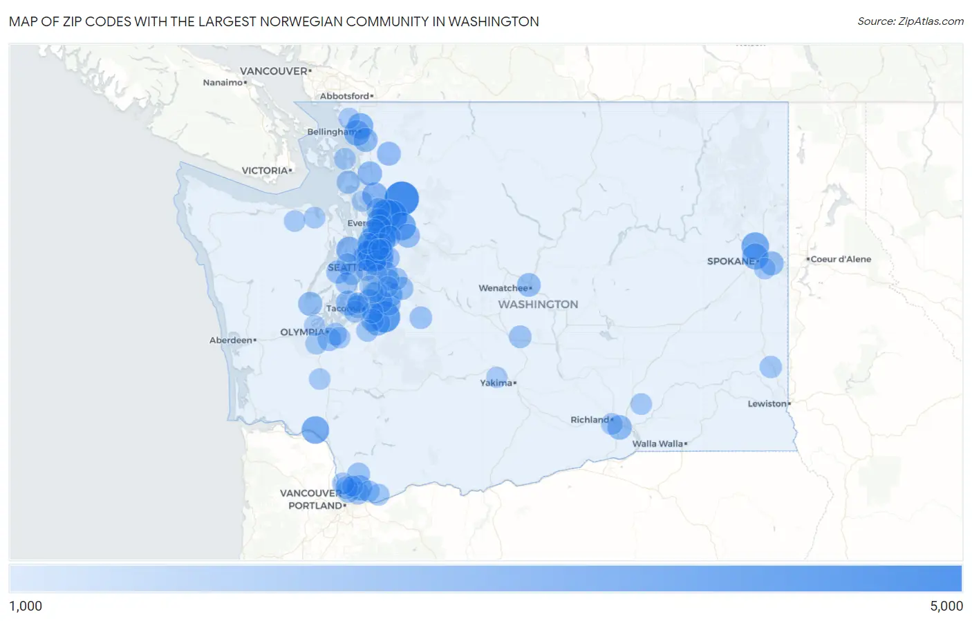 Zip Codes with the Largest Norwegian Community in Washington Map