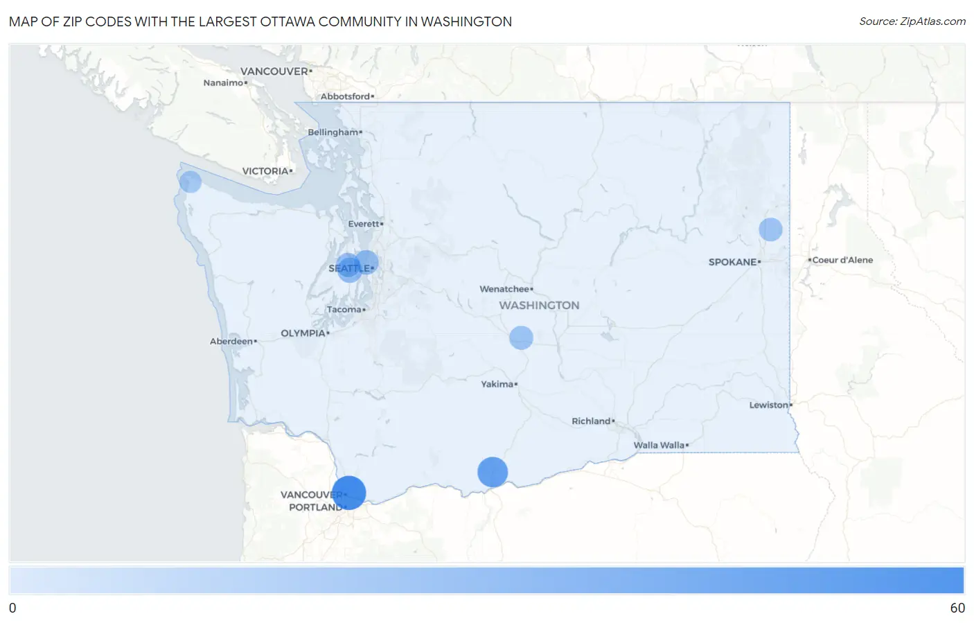 Zip Codes with the Largest Ottawa Community in Washington Map