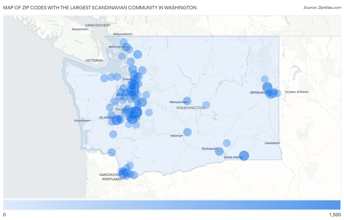 Zip Codes with the Largest Scandinavian Community in Washington Map