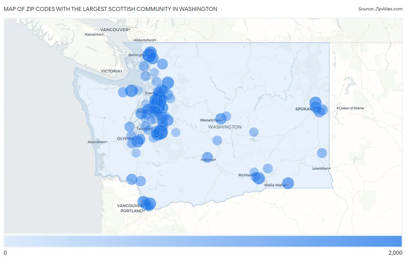 Zip Codes with the Largest Scottish Community in Washington Map