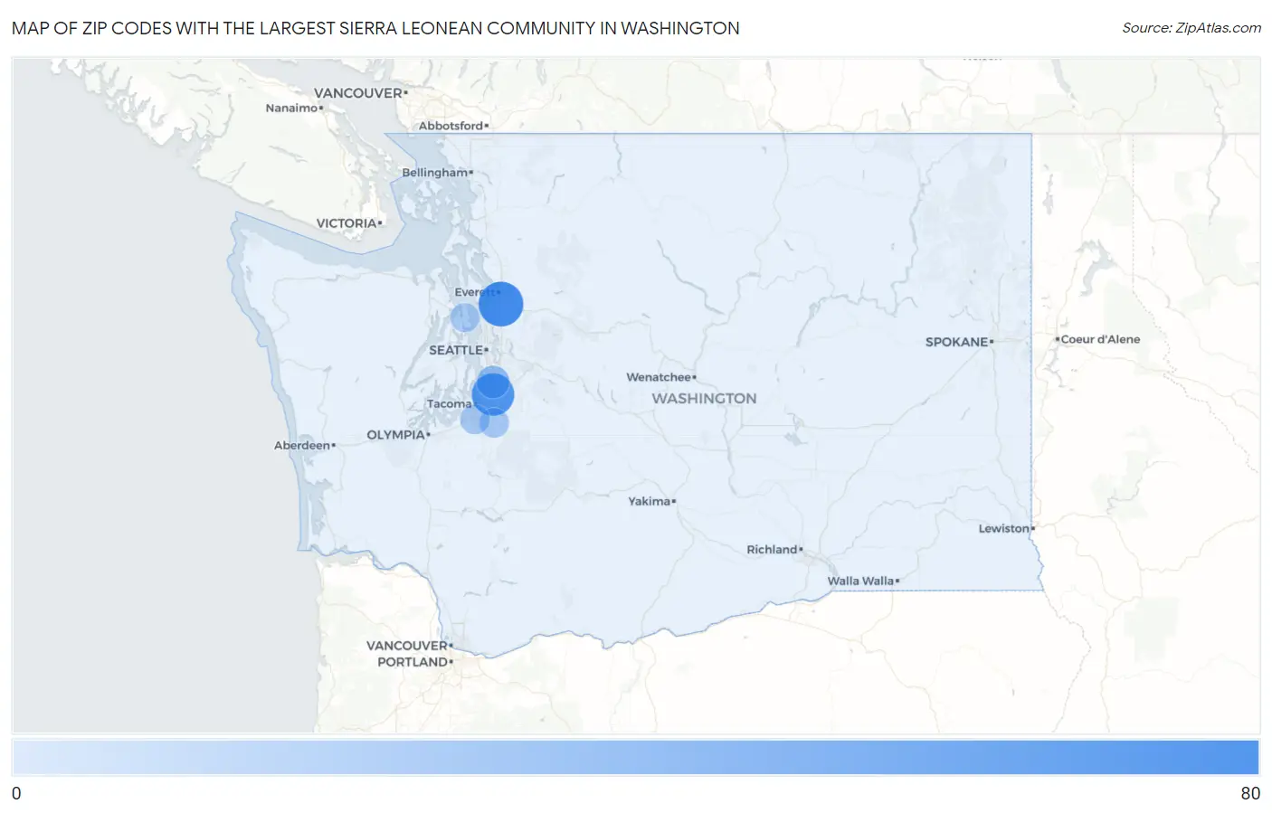 Zip Codes with the Largest Sierra Leonean Community in Washington Map