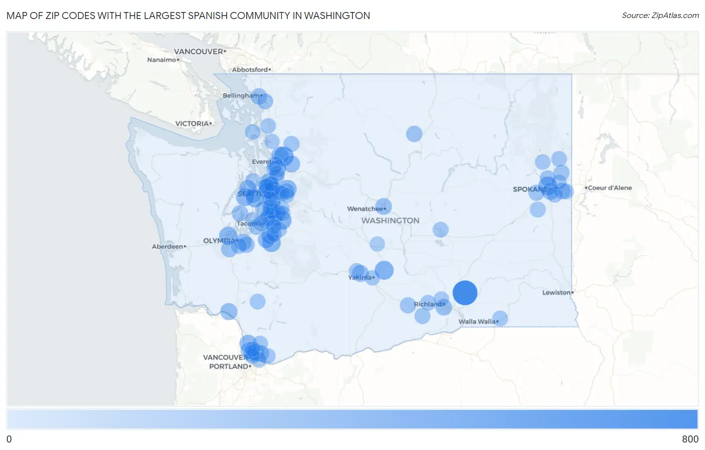 Zip Codes with the Largest Spanish Community in Washington Map