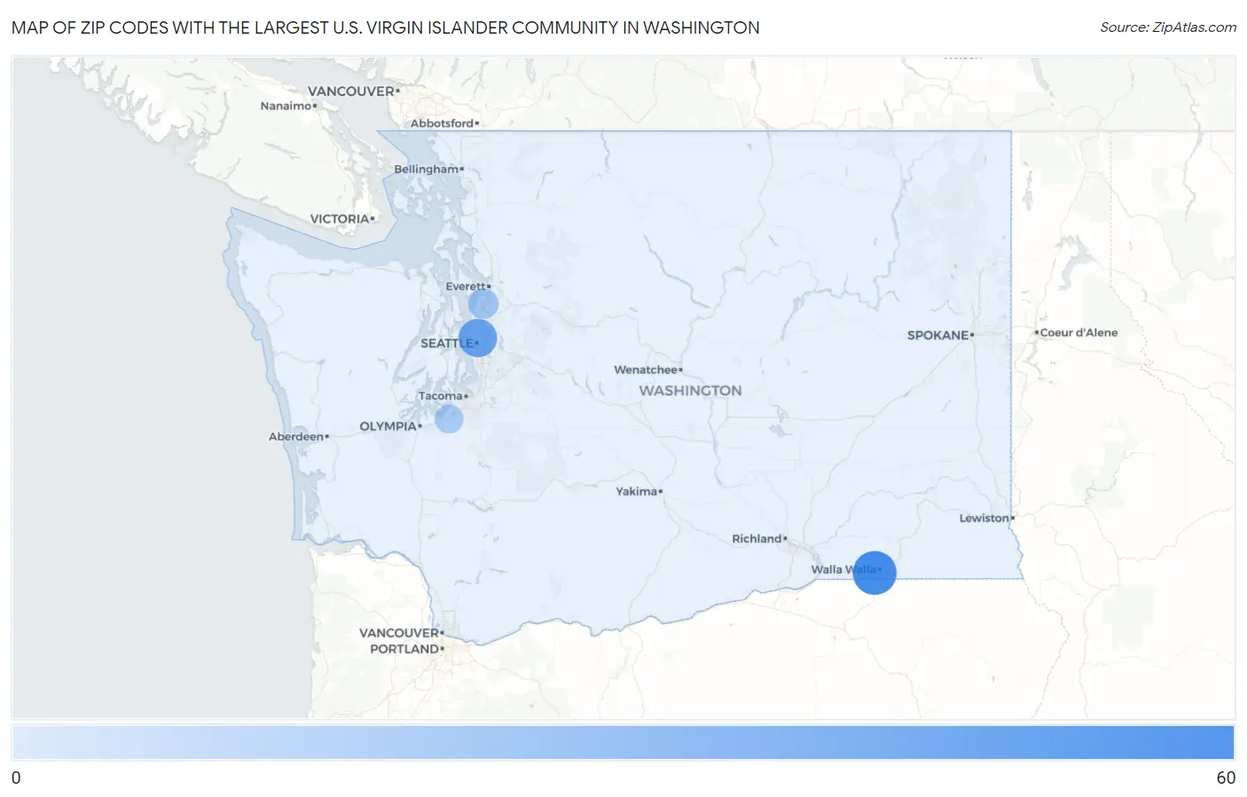 Zip Codes with the Largest U.S. Virgin Islander Community in Washington Map