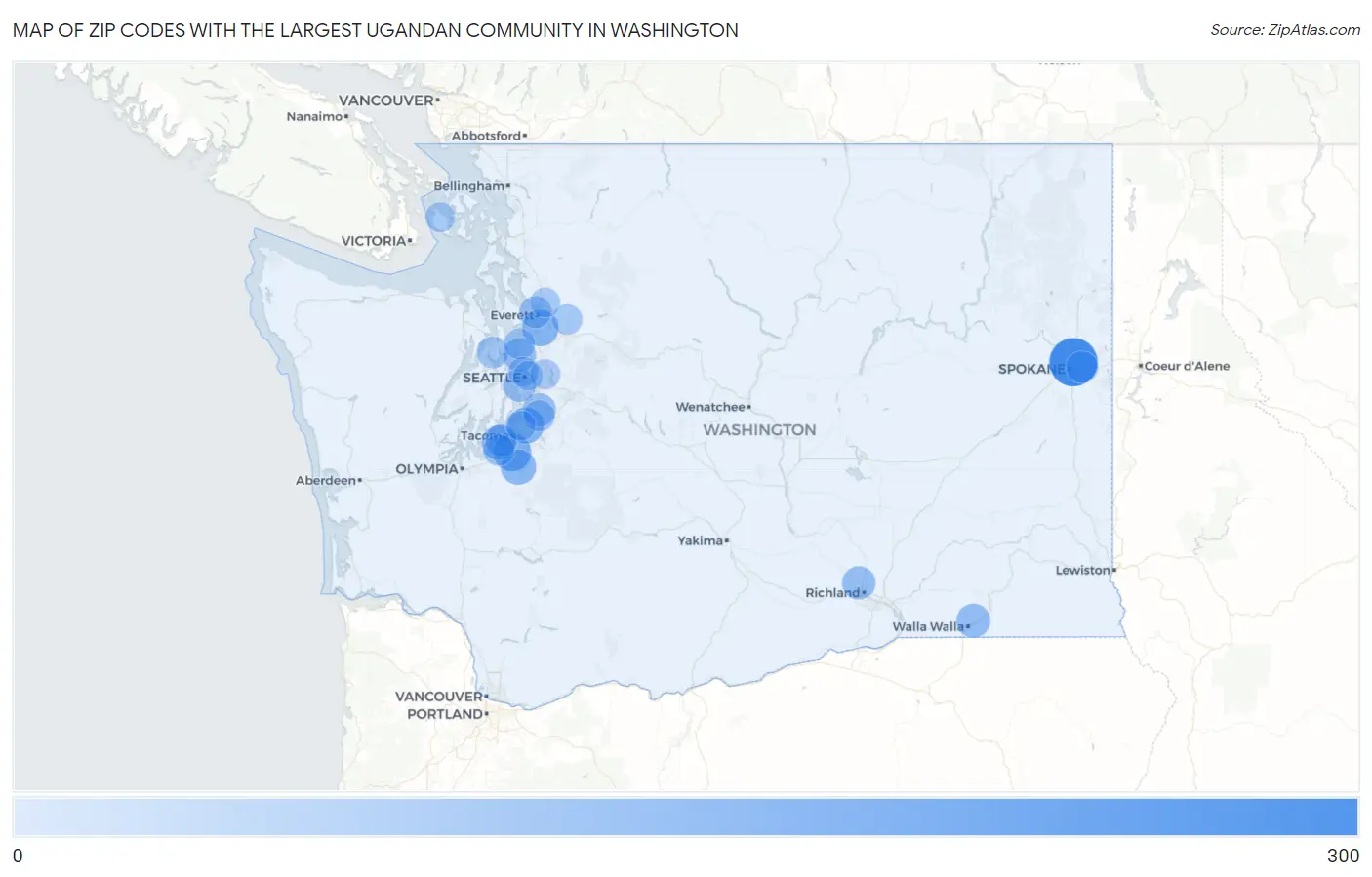 Zip Codes with the Largest Ugandan Community in Washington Map