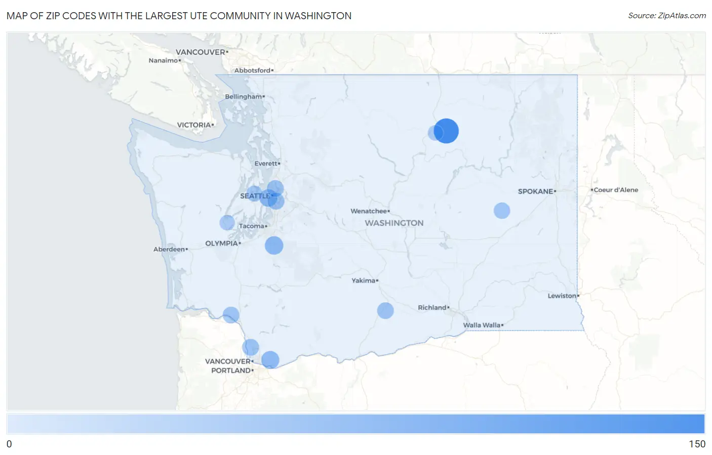Zip Codes with the Largest Ute Community in Washington Map