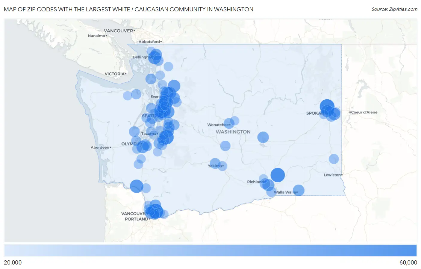 Zip Codes with the Largest White / Caucasian Community in Washington Map