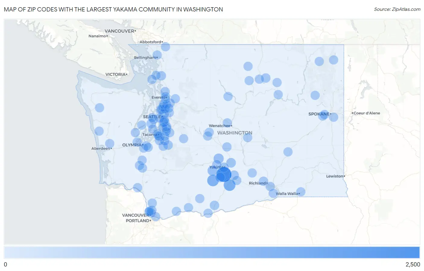 Zip Codes with the Largest Yakama Community in Washington Map