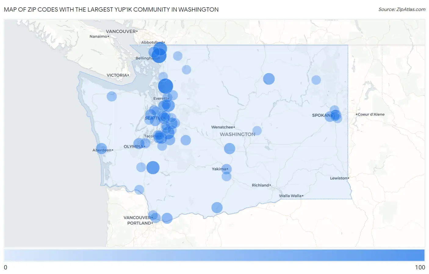 Zip Codes with the Largest Yup'ik Community in Washington Map
