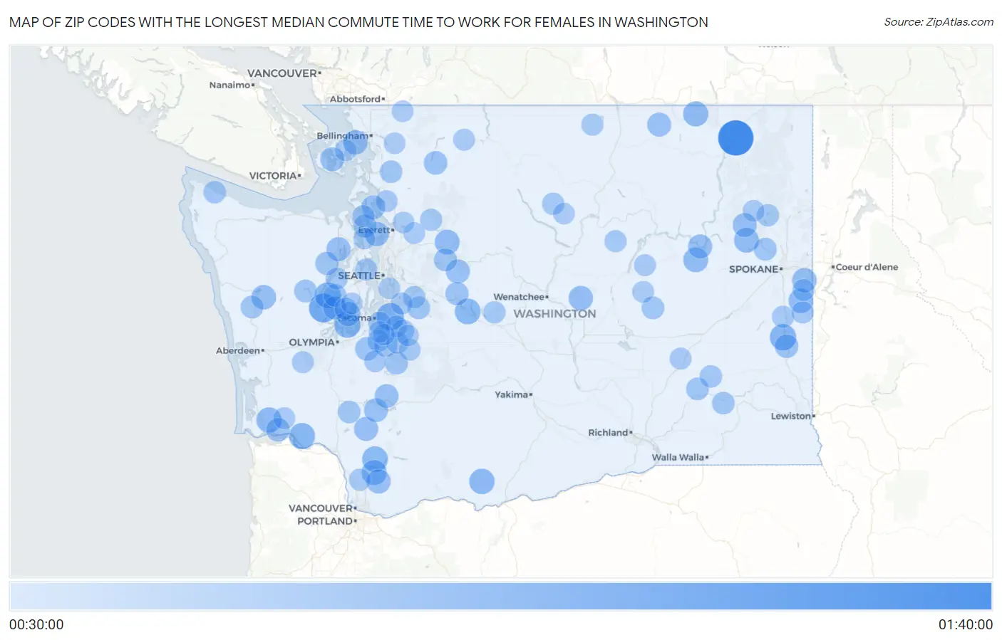 Zip Codes with the Longest Median Commute Time to Work for Females in Washington Map