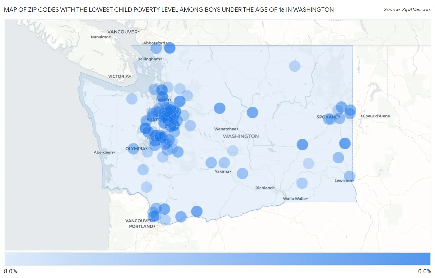 Zip Codes with the Lowest Child Poverty Level Among Boys Under the Age of 16 in Washington Map