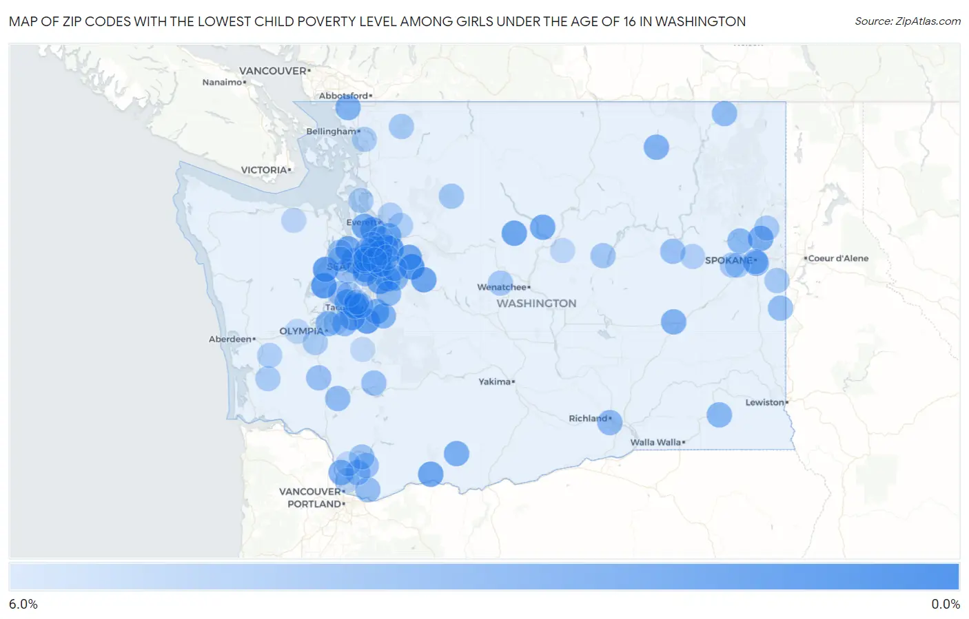 Zip Codes with the Lowest Child Poverty Level Among Girls Under the Age of 16 in Washington Map