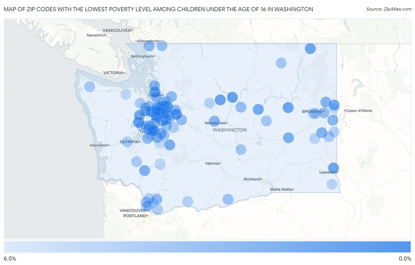 Zip Codes with the Lowest Poverty Level Among Children Under the Age of 16 in Washington Map