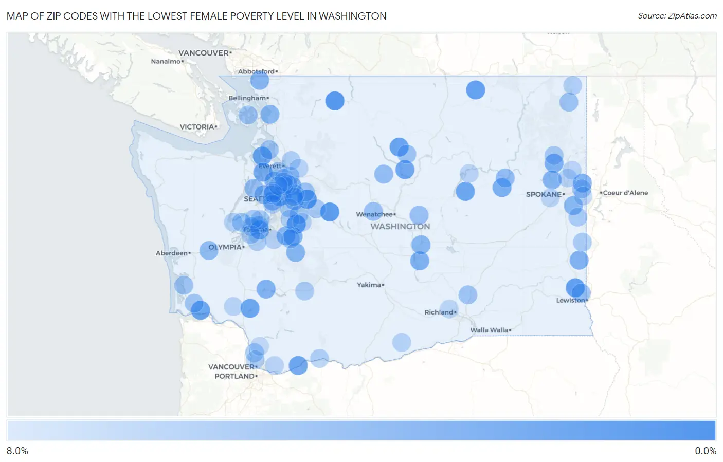 Zip Codes with the Lowest Female Poverty Level in Washington Map