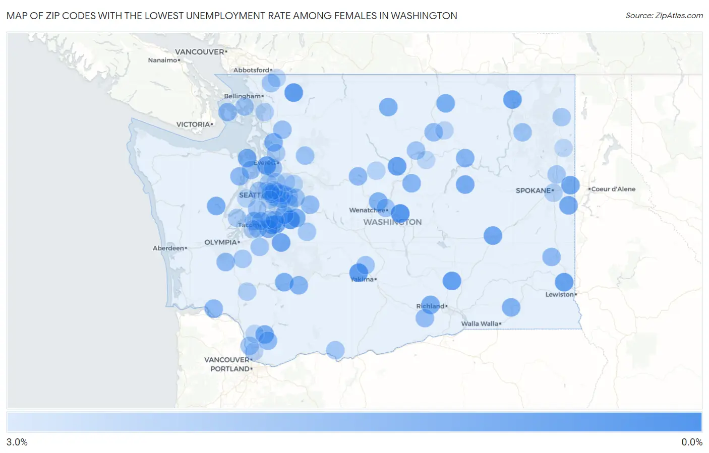 Zip Codes with the Lowest Unemployment Rate Among Females in Washington Map