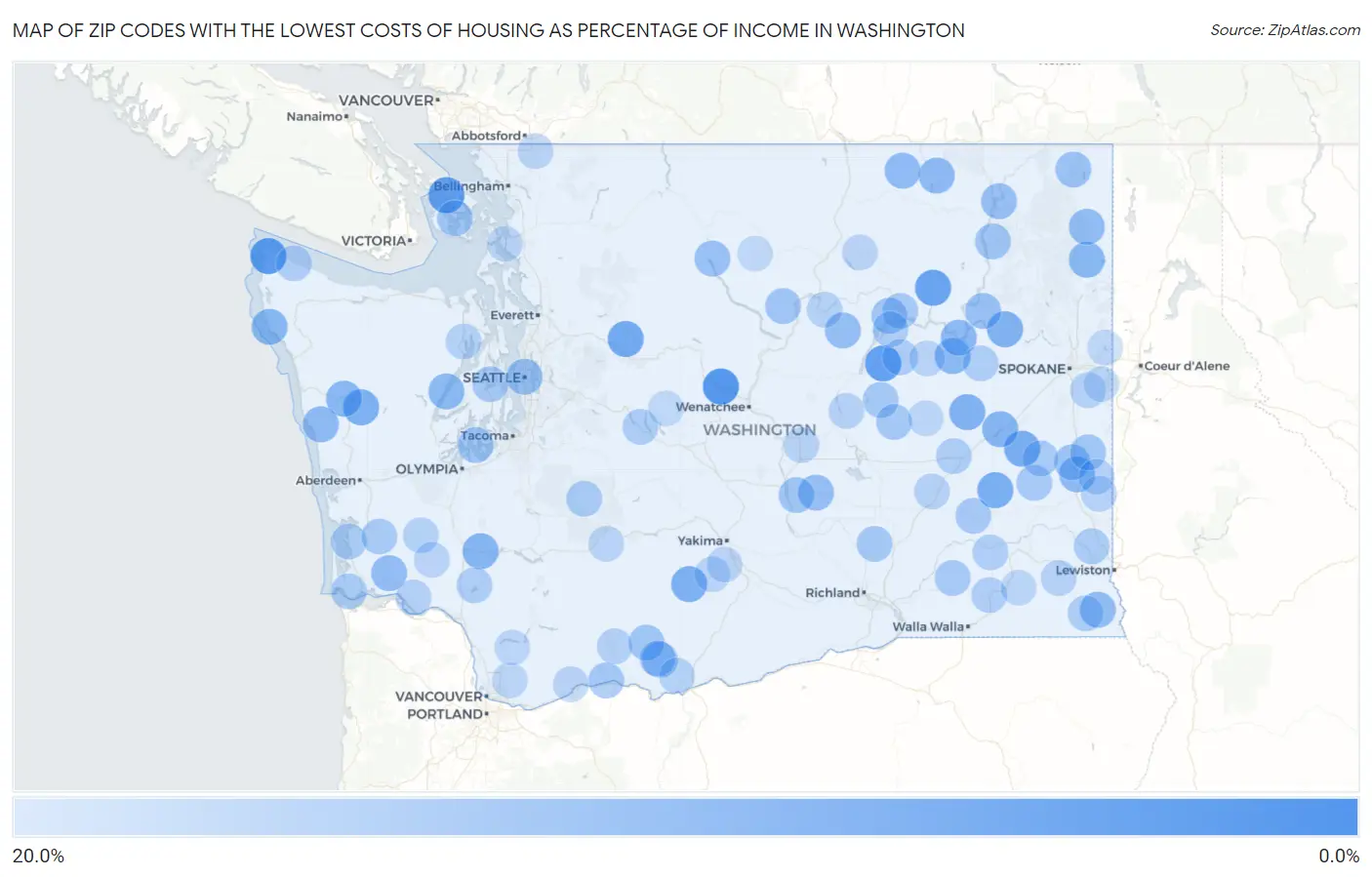 Zip Codes with the Lowest Costs of Housing as Percentage of Income in Washington Map