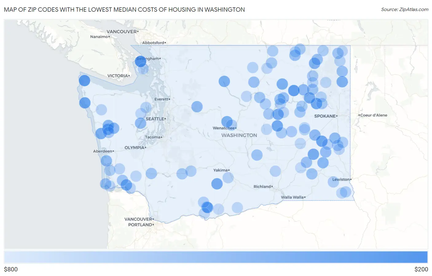 Zip Codes with the Lowest Median Costs of Housing in Washington Map
