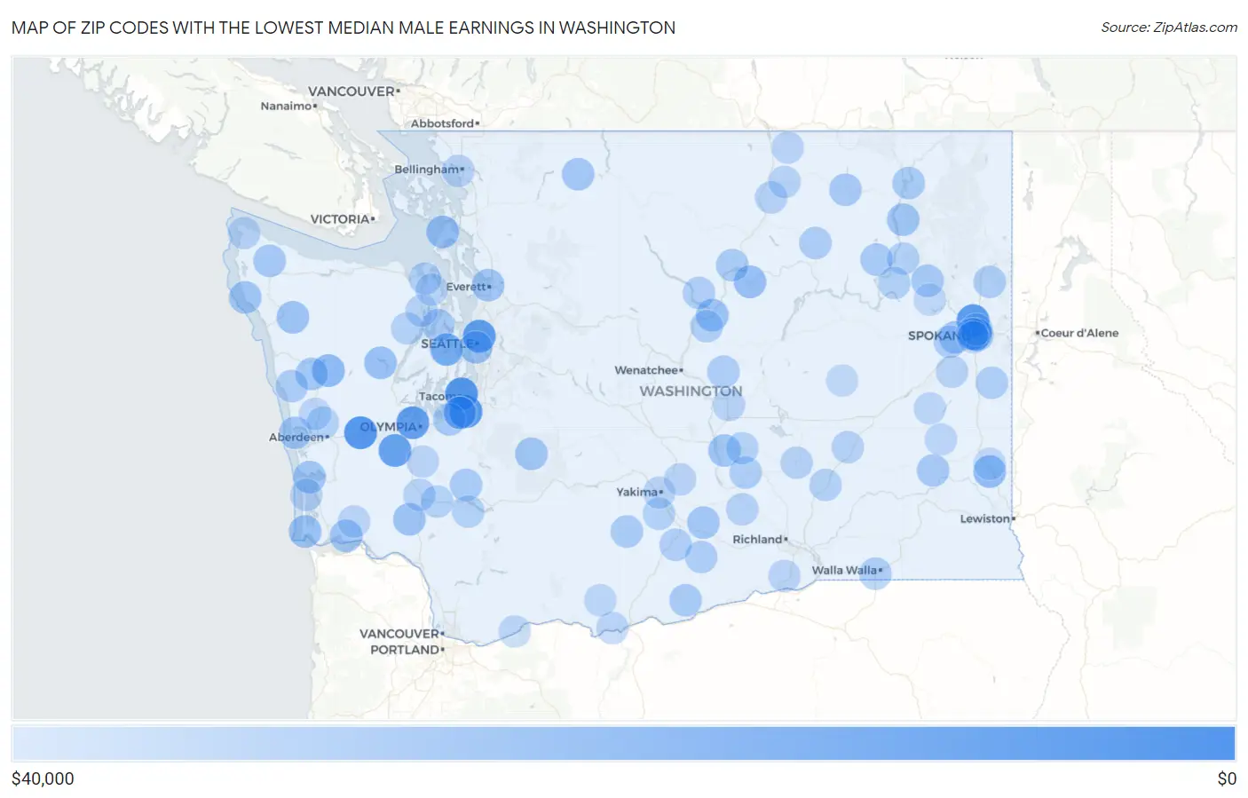 Zip Codes with the Lowest Median Male Earnings in Washington Map