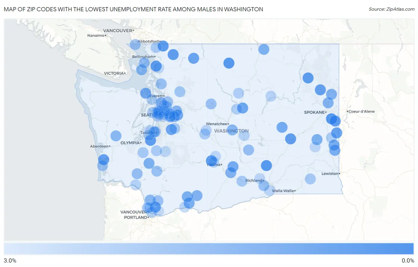 Zip Codes with the Lowest Unemployment Rate Among Males in Washington Map