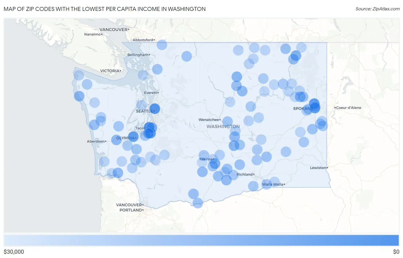 Zip Codes with the Lowest Per Capita Income in Washington Map