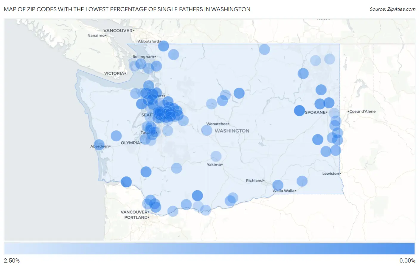 Zip Codes with the Lowest Percentage of Single Fathers in Washington Map