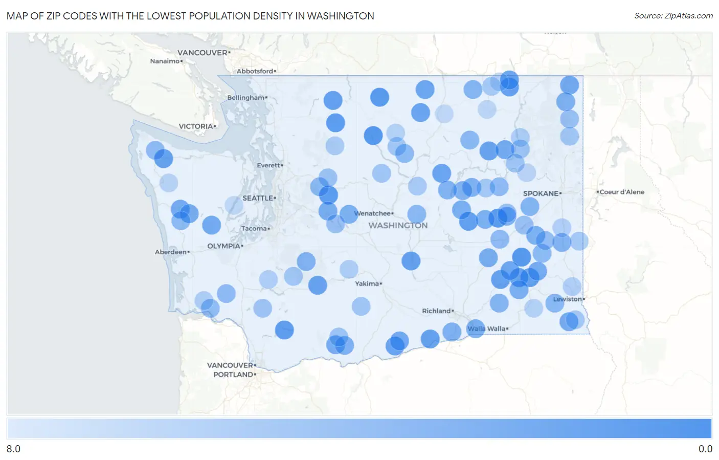 Zip Codes with the Lowest Population Density in Washington Map