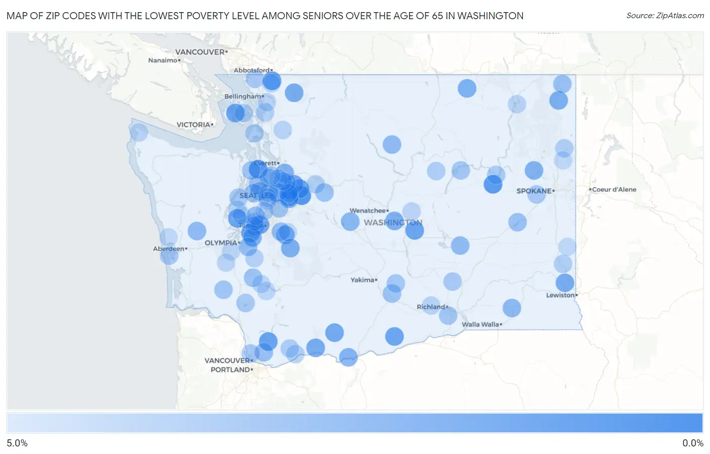Zip Codes with the Lowest Poverty Level Among Seniors Over the Age of 65 in Washington Map