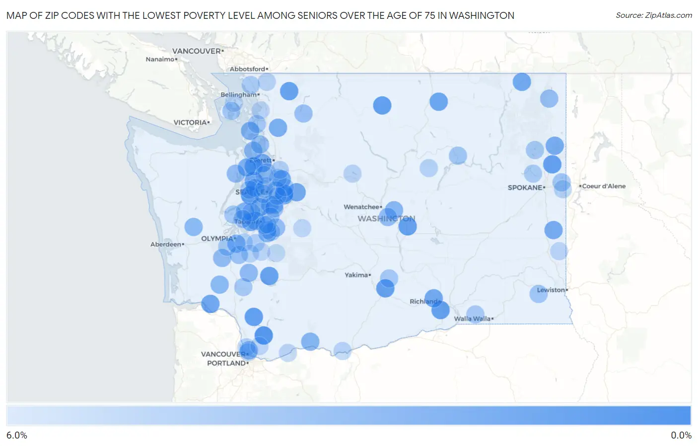 Zip Codes with the Lowest Poverty Level Among Seniors Over the Age of 75 in Washington Map