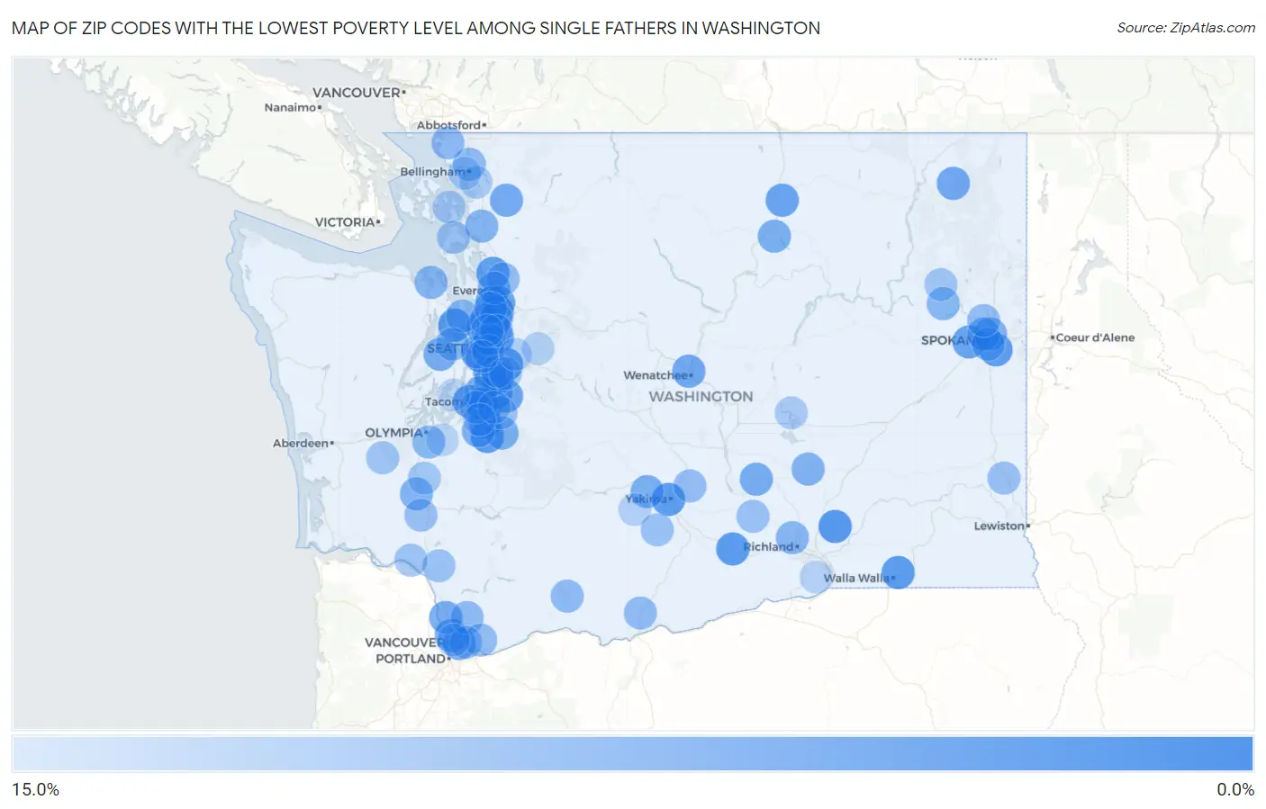 Zip Codes with the Lowest Poverty Level Among Single Fathers in Washington Map