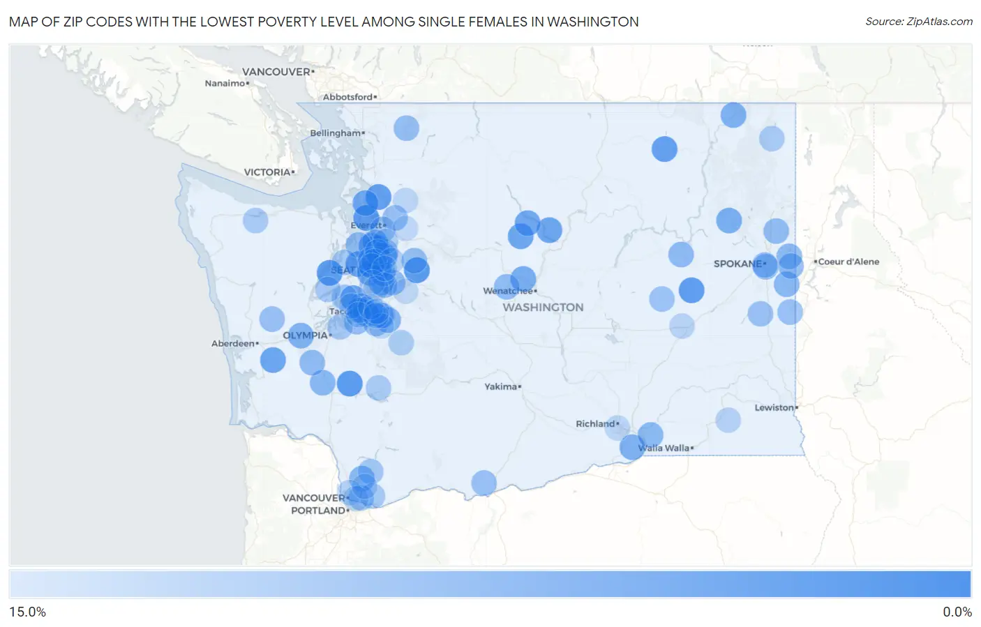 Zip Codes with the Lowest Poverty Level Among Single Females in Washington Map