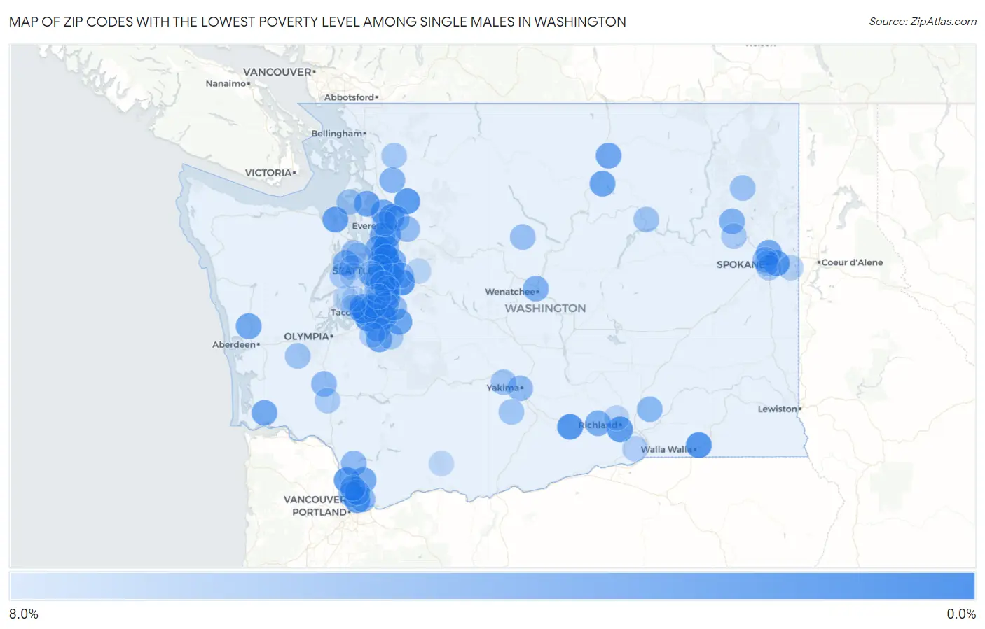Zip Codes with the Lowest Poverty Level Among Single Males in Washington Map