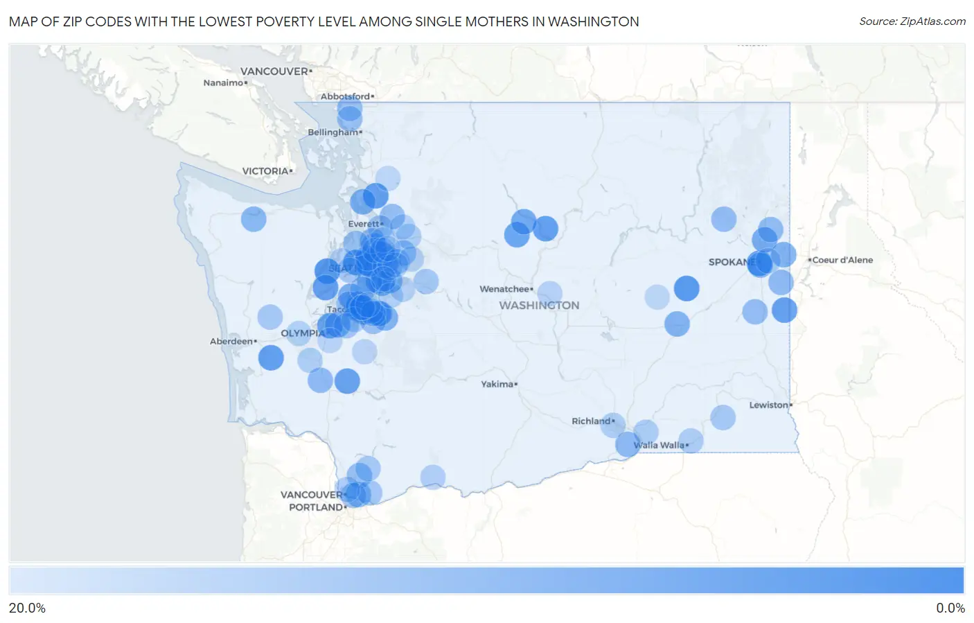 Zip Codes with the Lowest Poverty Level Among Single Mothers in Washington Map