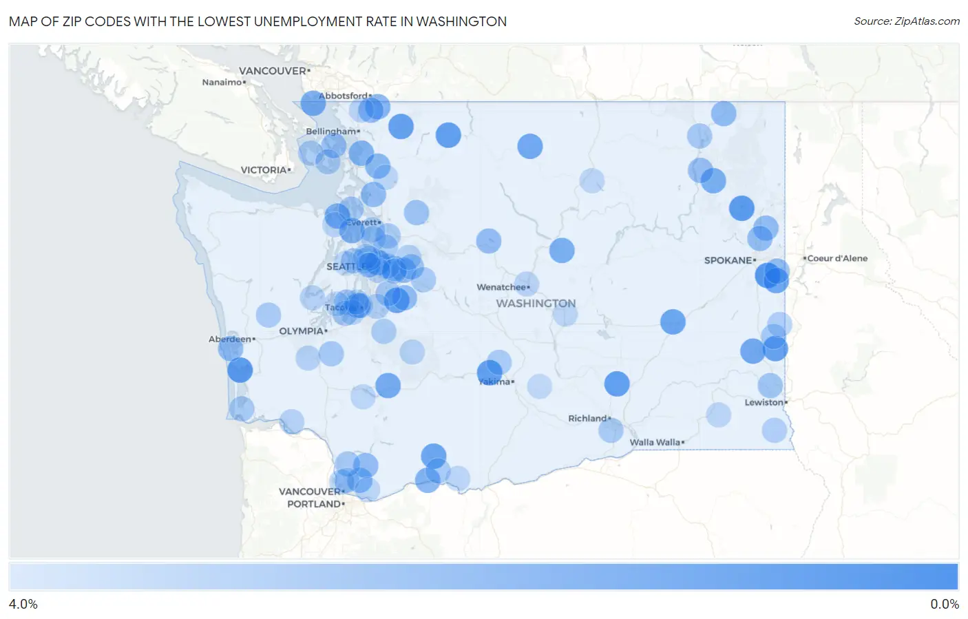 Zip Codes with the Lowest Unemployment Rate in Washington Map