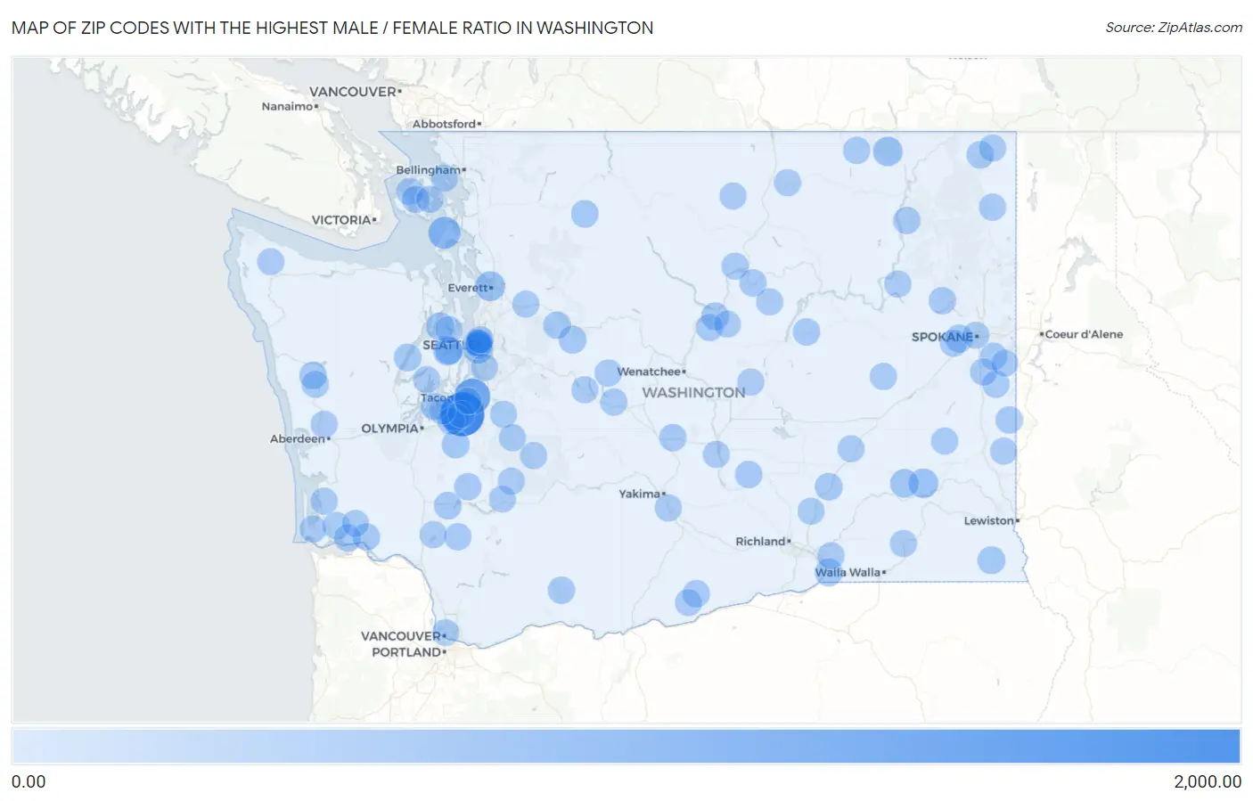 Zip Codes with the Highest Male / Female Ratio in Washington Map