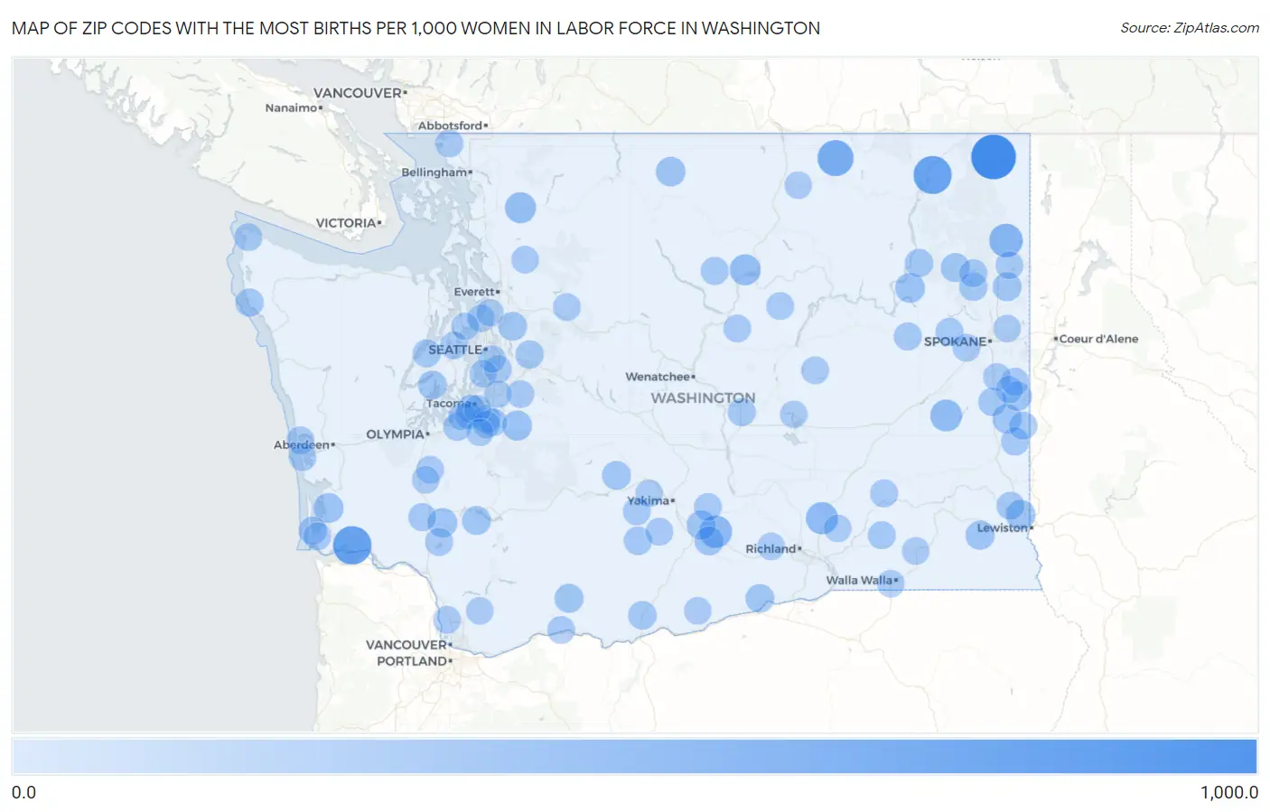 Zip Codes with the Most Births per 1,000 Women in Labor Force in Washington Map