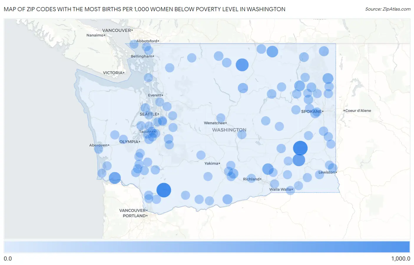 Zip Codes with the Most Births per 1,000 Women Below Poverty Level in Washington Map