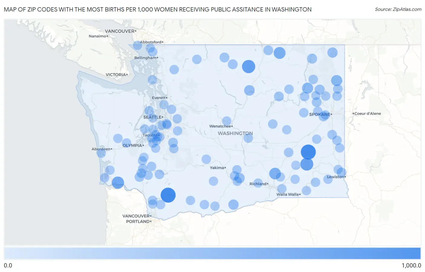 Zip Codes with the Most Births per 1,000 Women Receiving Public Assitance in Washington Map