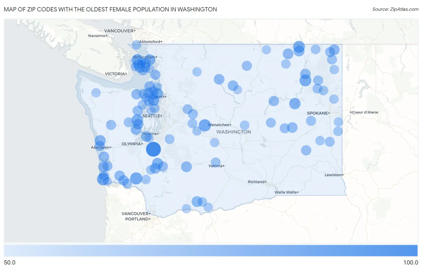Zip Codes with the Oldest Female Population in Washington Map