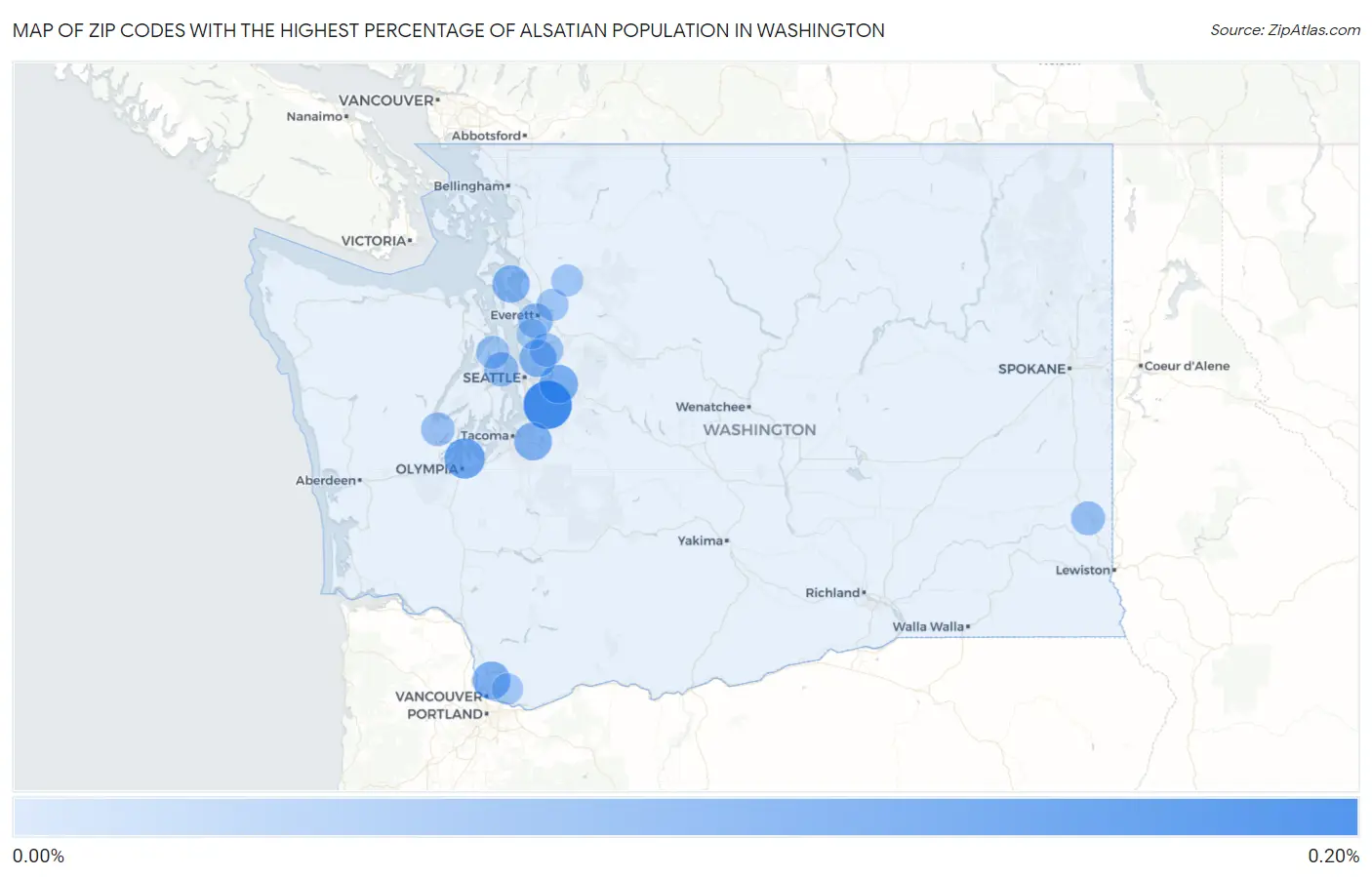 Zip Codes with the Highest Percentage of Alsatian Population in Washington Map