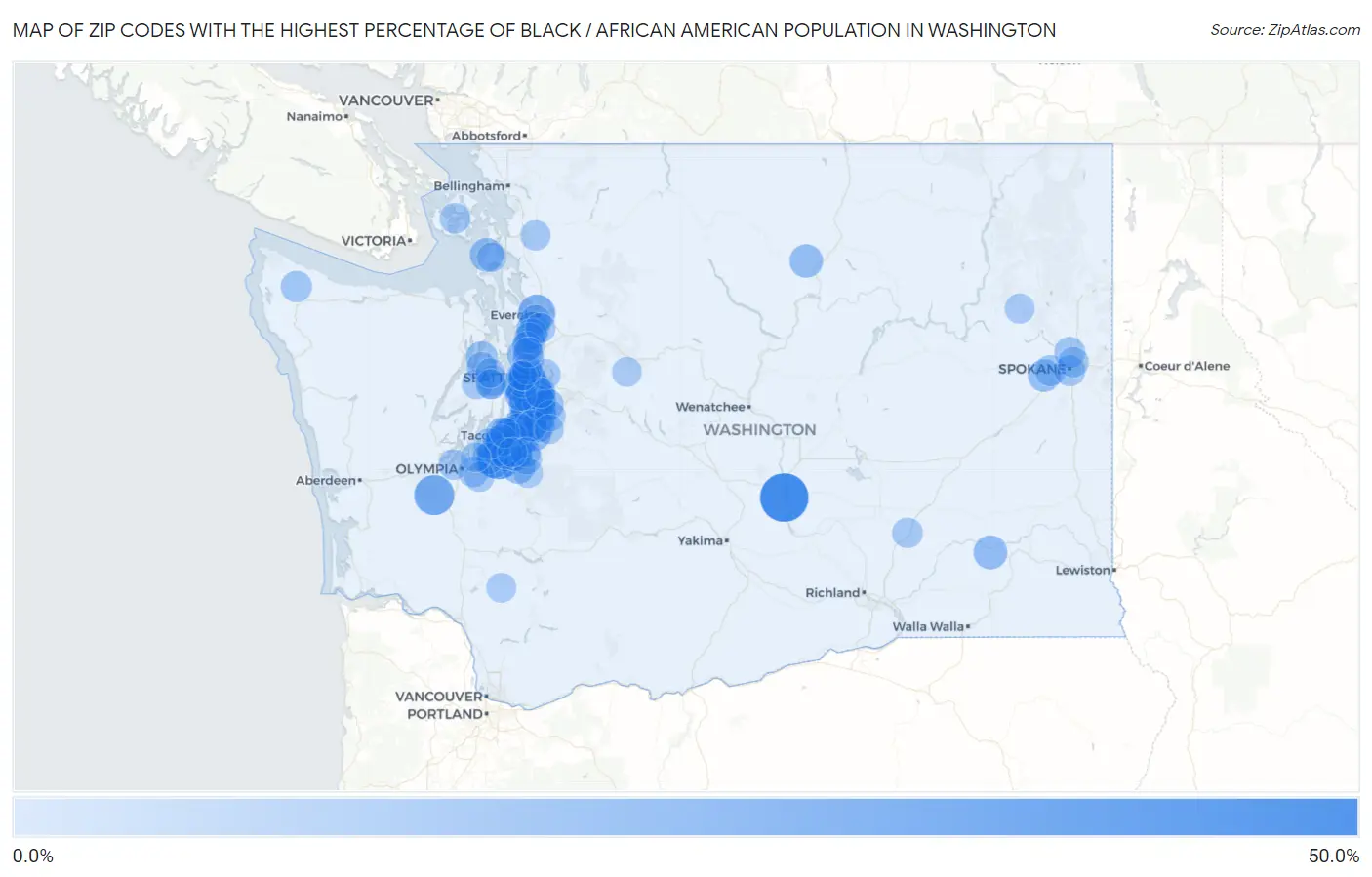 Zip Codes with the Highest Percentage of Black / African American Population in Washington Map