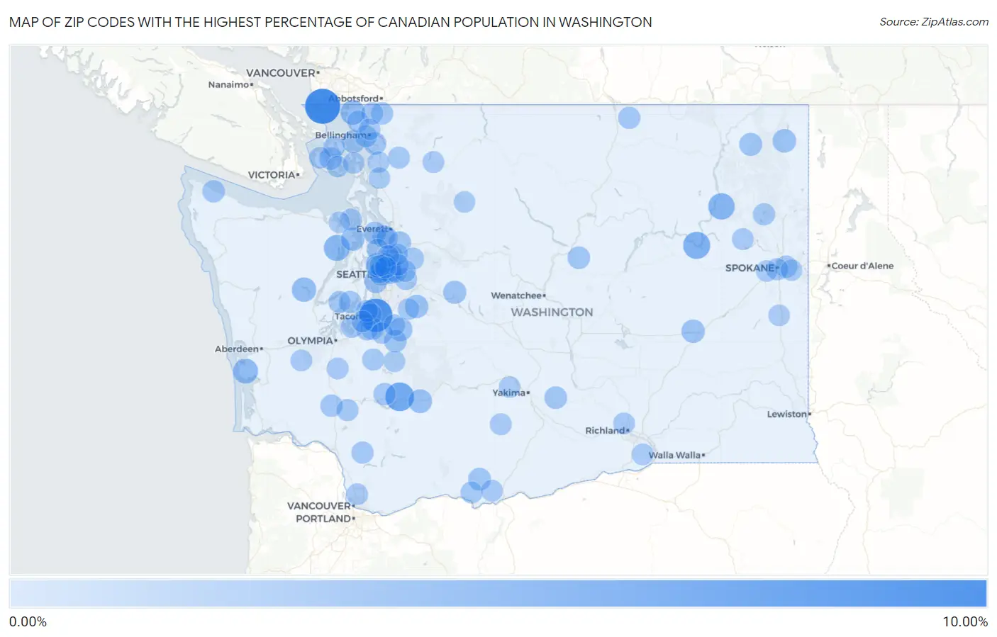 Zip Codes with the Highest Percentage of Canadian Population in Washington Map