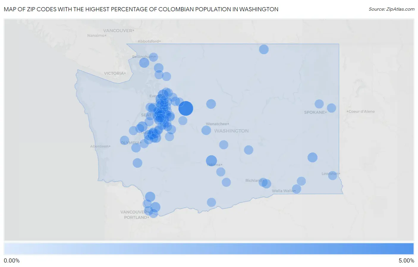 Zip Codes with the Highest Percentage of Colombian Population in Washington Map
