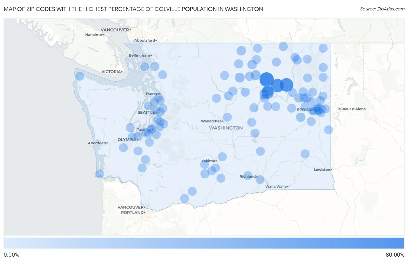 Zip Codes with the Highest Percentage of Colville Population in Washington Map
