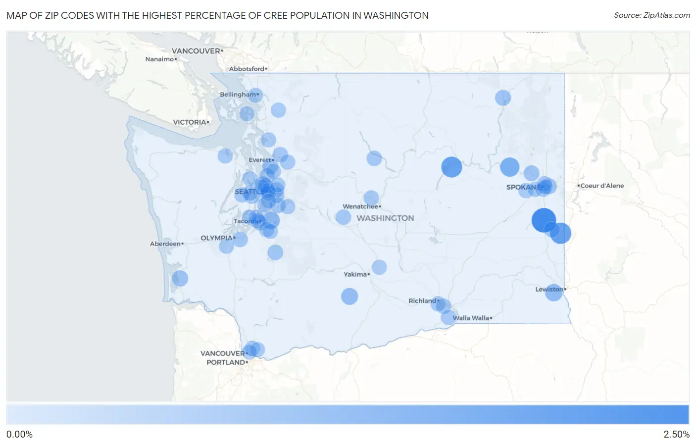 Zip Codes with the Highest Percentage of Cree Population in Washington Map