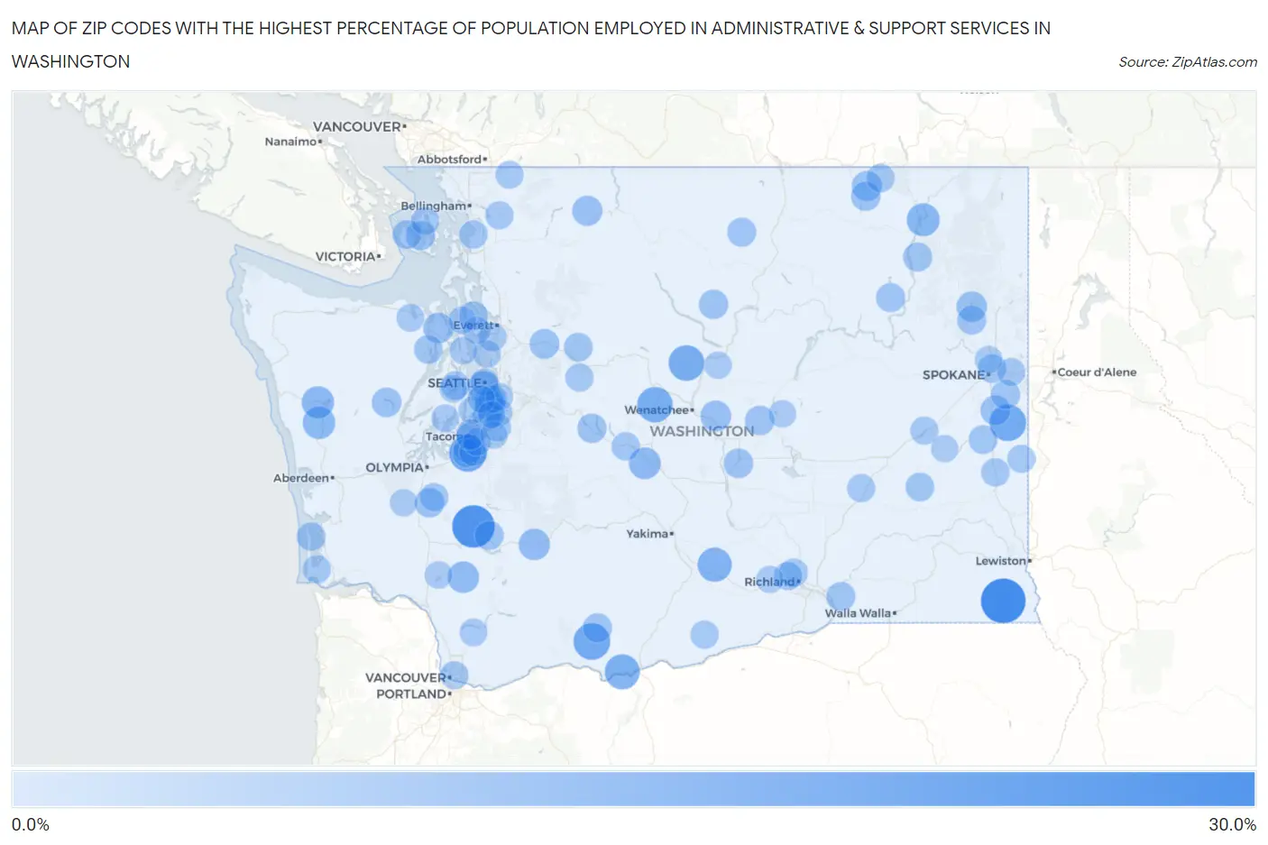 Zip Codes with the Highest Percentage of Population Employed in Administrative & Support Services in Washington Map