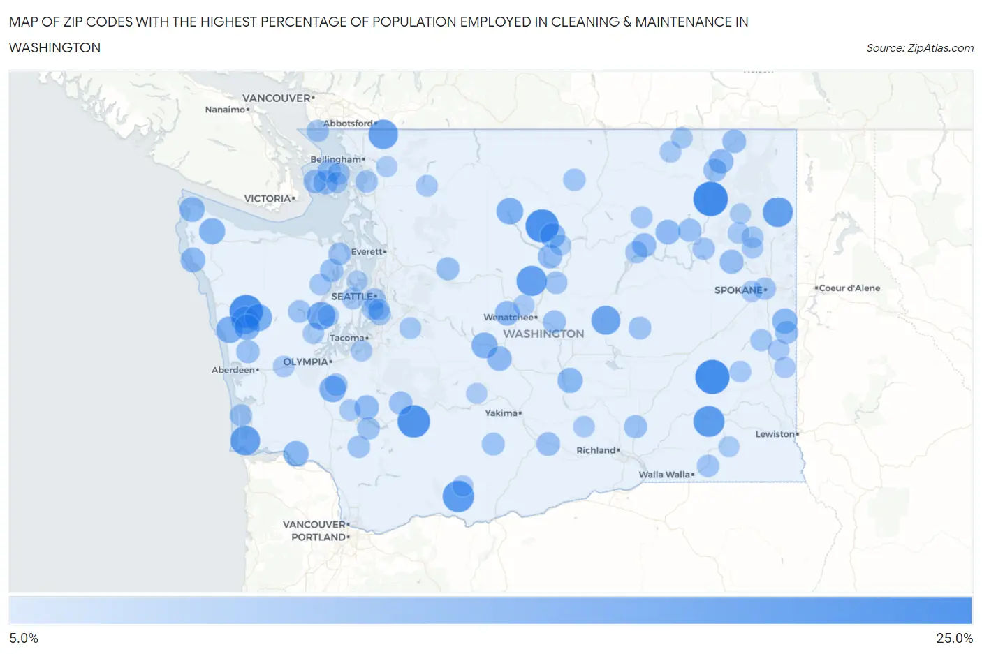 Zip Codes with the Highest Percentage of Population Employed in Cleaning & Maintenance in Washington Map